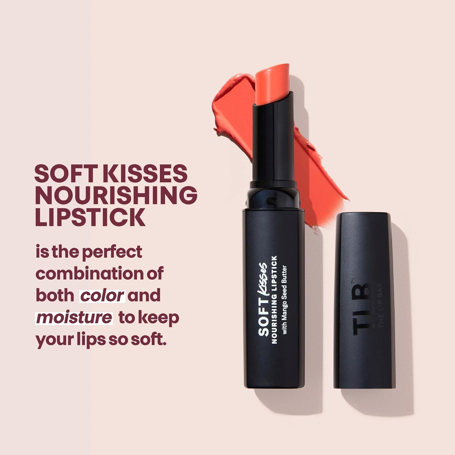 Soft Kisses Nourishing Vegan Lipstick, with Moisturizing Mango Seed Butter, Satin Finish, Good Vibez - Peach
