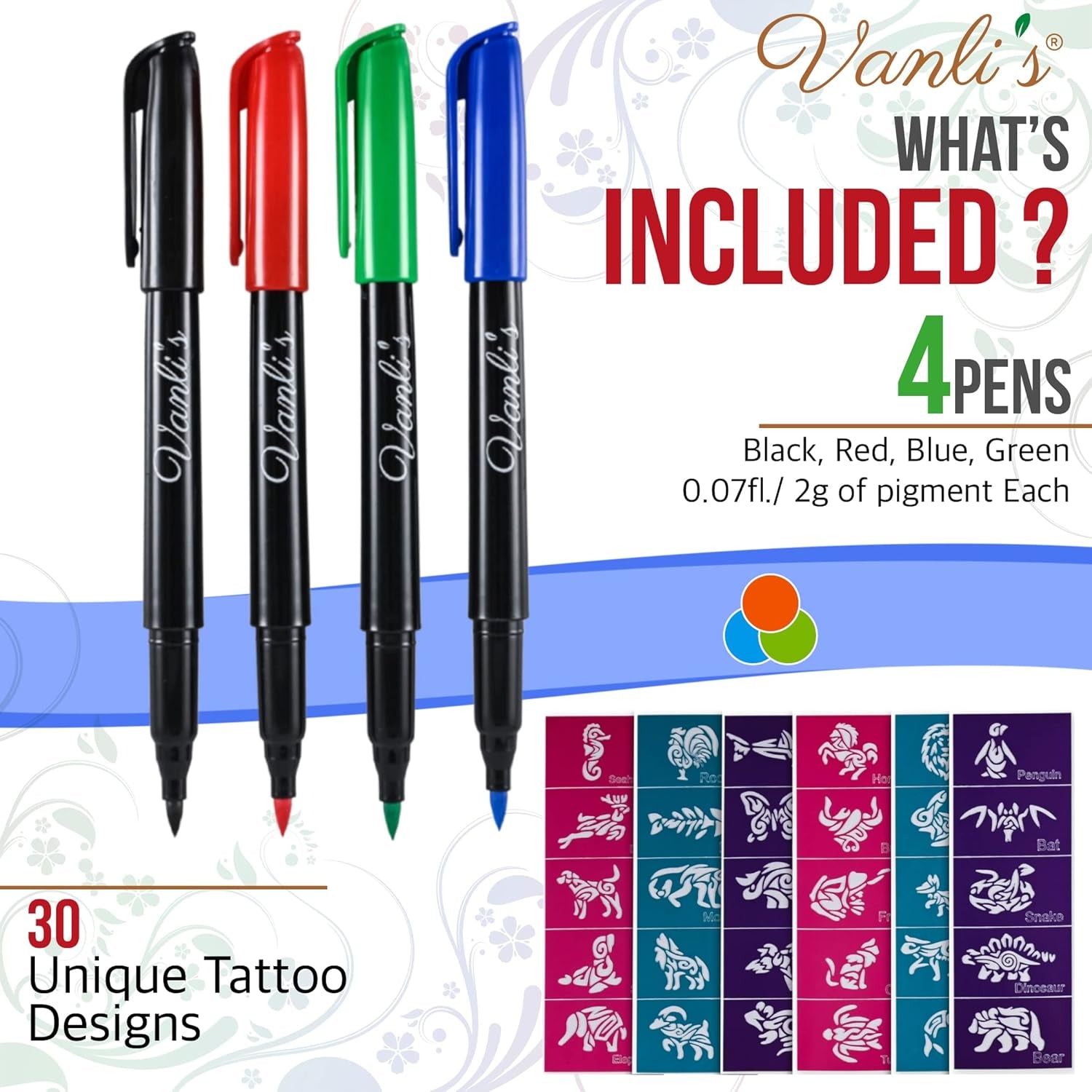 Temporary Tattoo Pens with 30 Tattoo Stencil Papers & 4 Pens -  for Teens, Kids, Adults,  