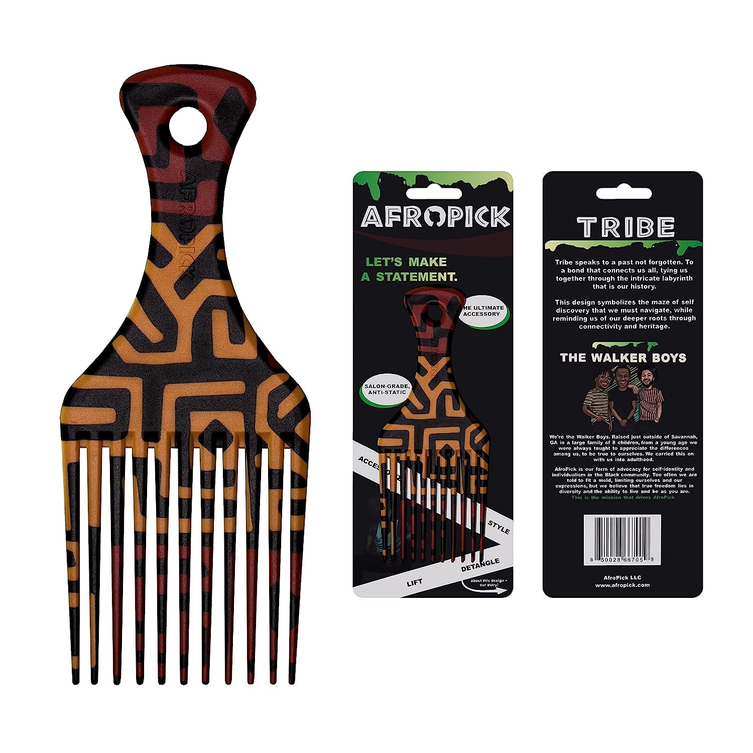 Anti-Static Plastic Black Hair Pick for Natural Curly Long Thick Hair- Afro Pick Comb for Men, Women- African Artist Designs (Tribe)