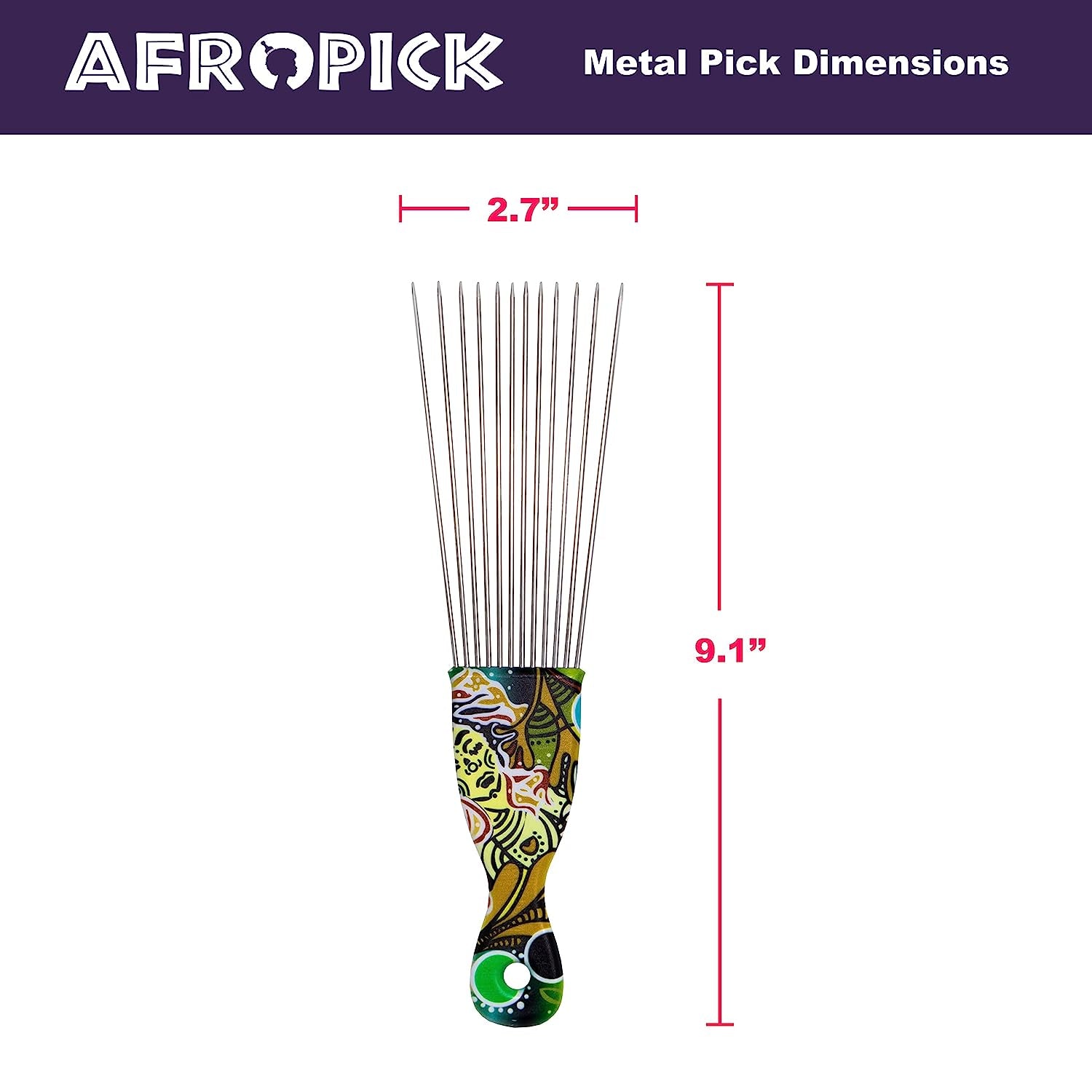 Metal Black Hair Pick for Natural Curly Long Thick Hair- Afro Pick Comb for Men, Women- African Artist Designs IMPROVED 2.0 (Spirit)