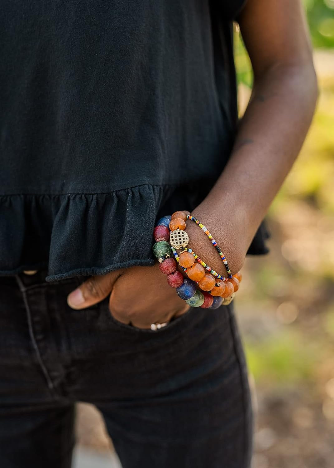 Men's African Beaded Stretch Bracelet Black